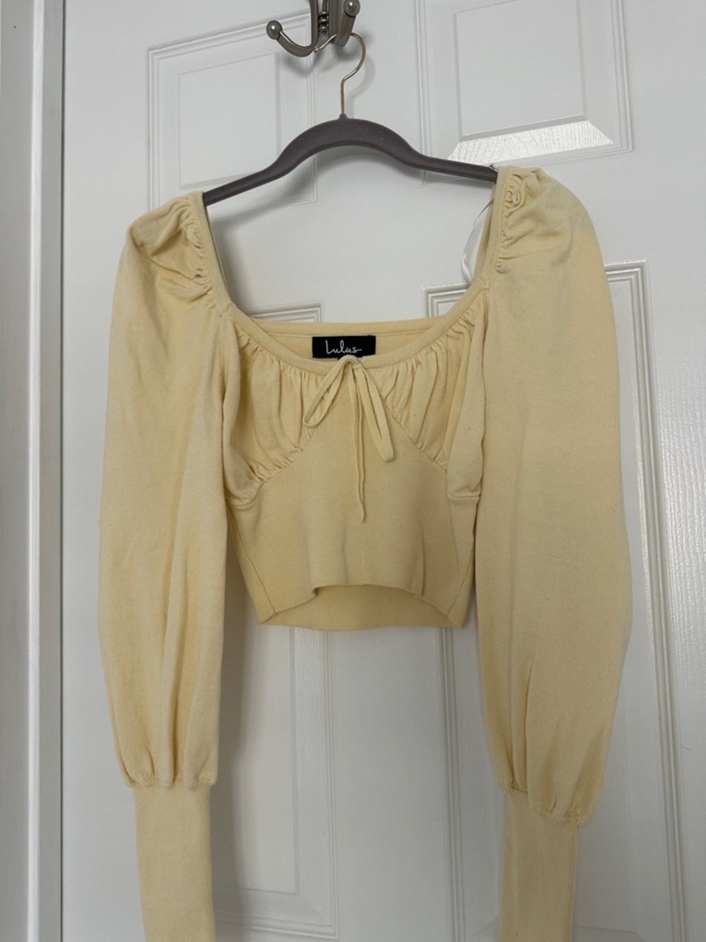 Lulu's Pale Yellow Long-Sleeve Tie-Front Crop Top